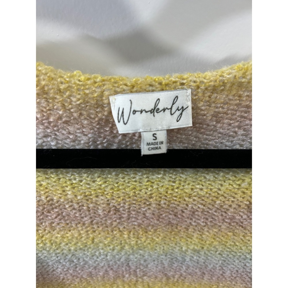 Wonderly Striped Open Front Cardigan Sweater Yellow Pink Gray Size S - Picture 3 of 5